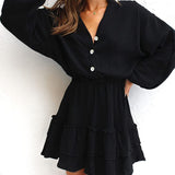 Ruffled Notched Balloon Sleeve Mini Dress