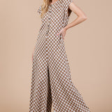 Ces Femme Checkered Half Button Cap Sleeve Jumpsuit
