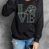 LOVE Rhinestone Clover Round Neck Sweatshirt