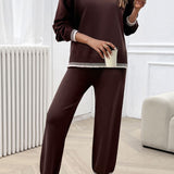 Round Neck Dropped Shoulder Top and Pants Sweater Set