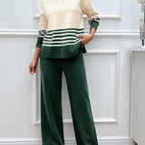 Devine Slit Striped Round Neck Top and Pants Sweater Set