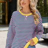 Slit Striped Round Neck Long Sleeve Sweatshirt