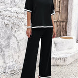 Contrast Trim Round Neck Top and Pants Set