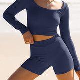 Scoop Neck Long Sleeve Top and Shorts Set