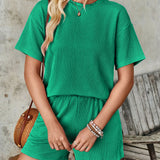 Textured Round Neck Short Sleeve Top and Shorts Set