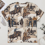 Cowboy Print Round Neck Short Sleeve T Shirt