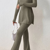 Ribbed Long Sleeve Slit Top and Bootcut Pants Set