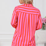 Striped Pocketed Button Up Shirt and Shorts Set