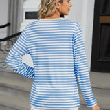 Striped Notched Long Sleeve T-Shirt