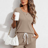 Notched Short Sleeve Top and Shorts Set