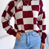 Checkered Mock Neck Long Sleeve Sweater