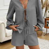 Tied Long Sleeve Top and Shorts Set