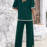 Contrast Trim Round Neck Top and Pants Set