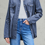 Pocketed Collared Neck Long Sleeve Denim Top