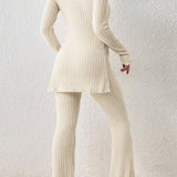 Ribbed Long Sleeve Slit Top and Bootcut Pants Set