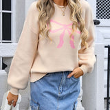 Bow Graphic Round Neck Long Sleeve Sweater