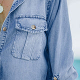 Pocketed Collared Neck Long Sleeve Denim Top