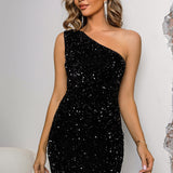 Sequin Lace-Up One-Shoulder Bodycon Dress