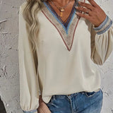 Contrast V-Neck Long Sleeve Blouse