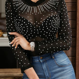Rhinestone Trim Mock Neck Long Sleeve Bodysuit