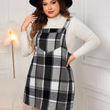 Plus Size Plaid Wide Strap Overall Dress