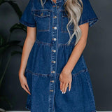 Pocketed Button Up Collared Neck Short Sleeve Denim Dress