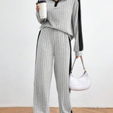 Contrast Collared Neck Long Sleeve Top and Pants Set