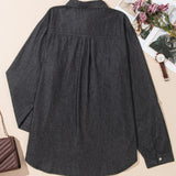 Pocketed Collared Neck Long Sleeve Denim Top