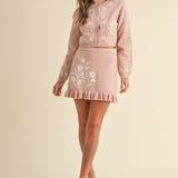 MABLE Floral Embroidered Crop Cardigan and Ruffled Mini Skirt Set