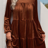 Perfee Tiered Ruched Mock Neck Long Sleeve Dress