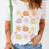 Pumpkin & Flower Round Neck Short Sleeve T-Shirt