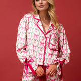 Tied Printed Collared Neck Long Sleeve Top and Shorts Set