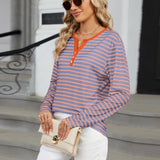 Striped Notched Long Sleeve T-Shirt