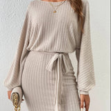 Round Neck Tie Waist Long Sleeve Mini Dress