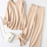 Slit V-Neck Long Sleeve Top and Pants Sweater Set