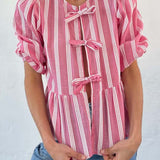 Tied Round Neck Balloon Sleeve Shirt