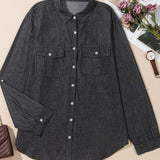 Pocketed Collared Neck Long Sleeve Denim Top