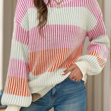 Striped Color Block Round Neck Long Sleeve Sweater