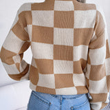 Checkered Mock Neck Long Sleeve Sweater