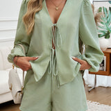 Tied Long Sleeve Top and Shorts Set