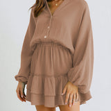 Ruffled Notched Balloon Sleeve Mini Dress