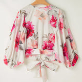 Tied Floral Round Neck Three-Quarter Sleeve Blouse