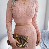 Cable-Knit Round Neck Top and Skirt Sweater Set