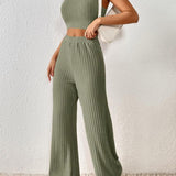 Ribbed Round Neck Tank and Pants Sweater Set