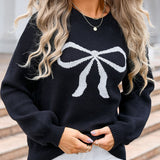 Bow Graphic Round Neck Long Sleeve Sweater