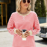 Slit Striped Round Neck Long Sleeve Sweatshirt