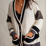 Pocketed Contrast V-Neck Long Sleeve Cardigan