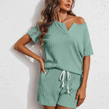 Notched Short Sleeve Top and Shorts Set