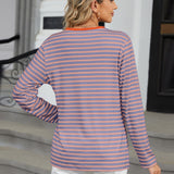 Striped Notched Long Sleeve T-Shirt