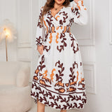 Plus Size Printed Surplice Flounce Sleeve Dress